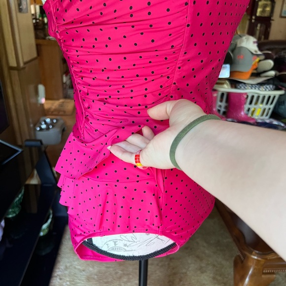 Jantzen One Piece Swimsuit Bathing Suit Strapless Ruffle Hot Pink Polka Dot 14. - Picture 7 of 16
